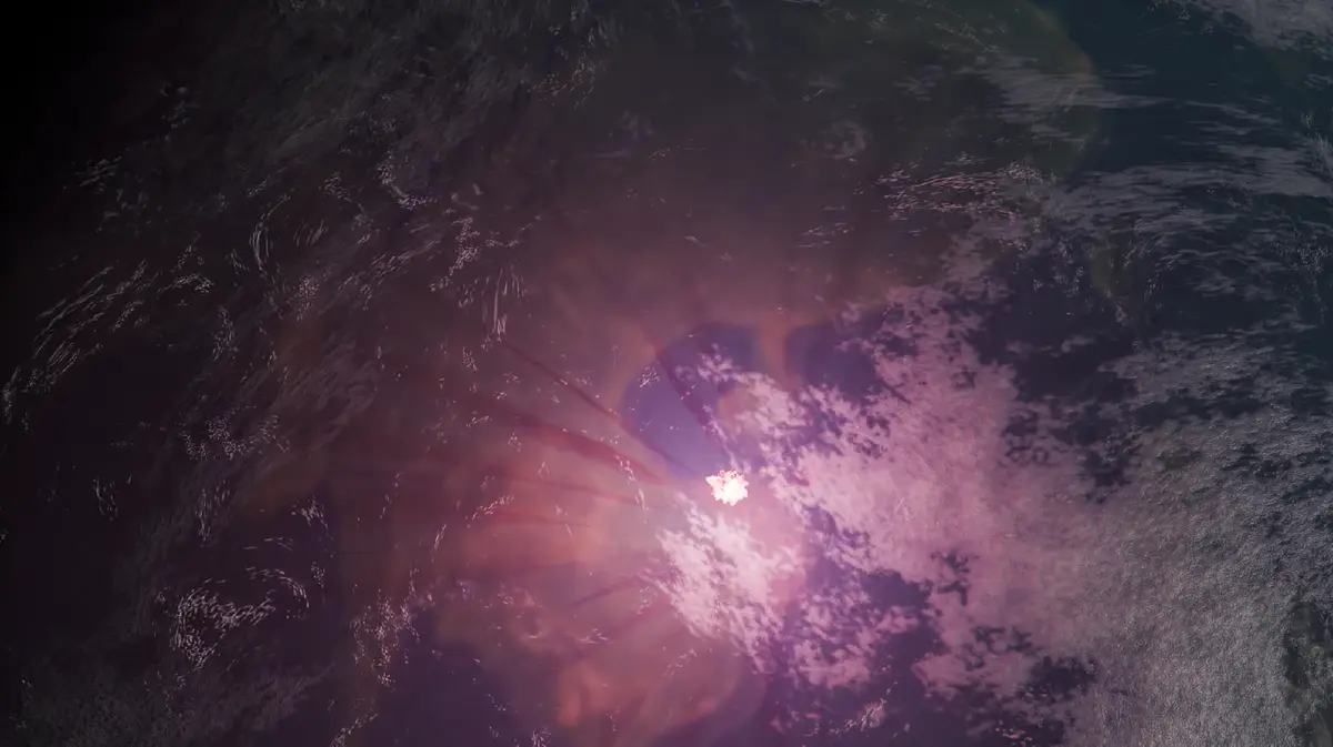 An aerial view of a small, bright light source on dark, rippling water, emitting pinkish-purple rays and illuminating the…
