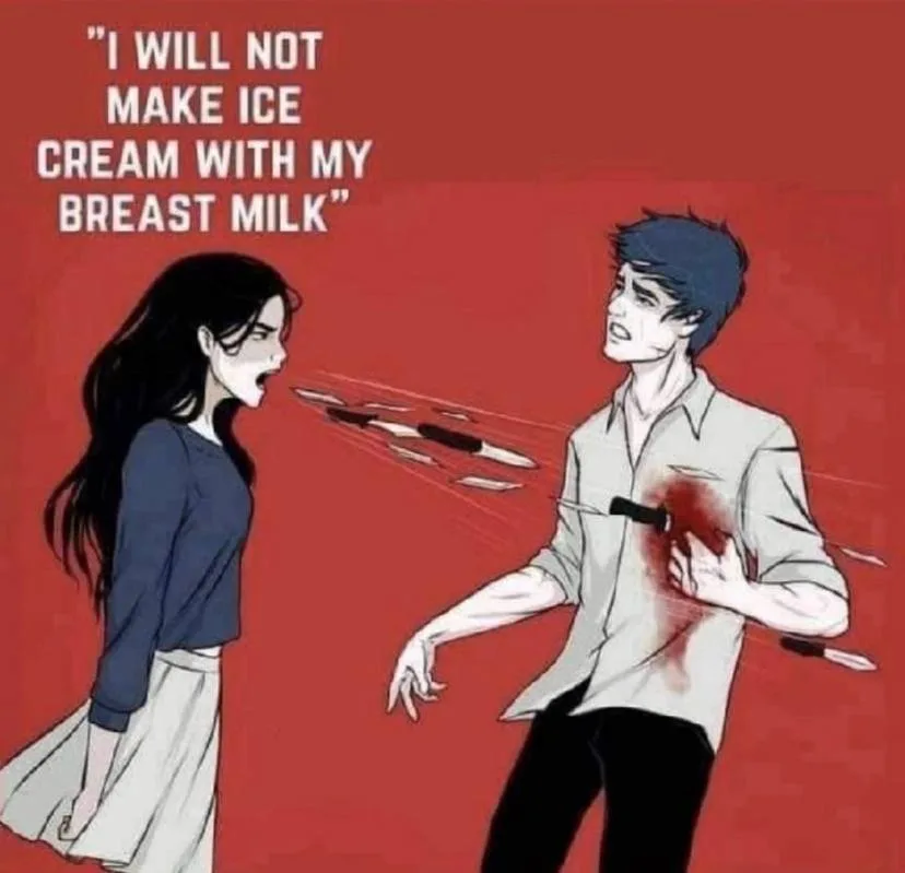 An anime-style illustration shows a woman yelling at a man while launching knives at him; the man is wounded and holding his…