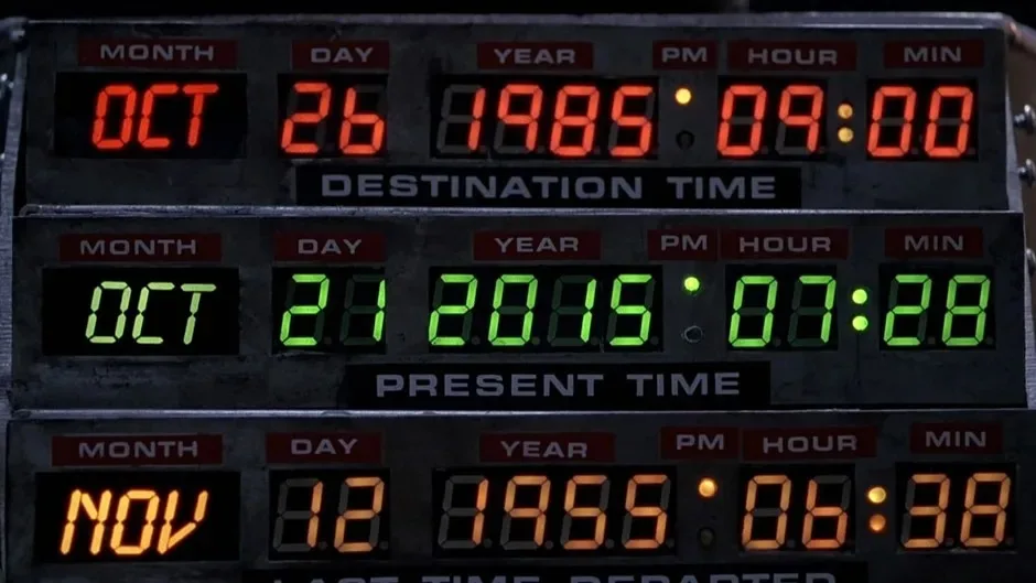 A digital display from the movie 'Back to the Future' shows three time readings: a red 'destination time' of October 26…