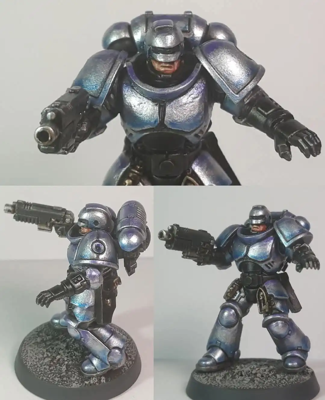 A three-panel image shows a painted miniature of a heavily armored space marine from Warhammer 40,000. The top panel shows a…