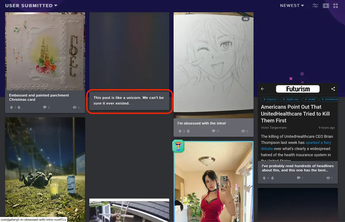 A screenshot of a social media feed showing various user posts, including a Christmas card, a sketch, and a news article…