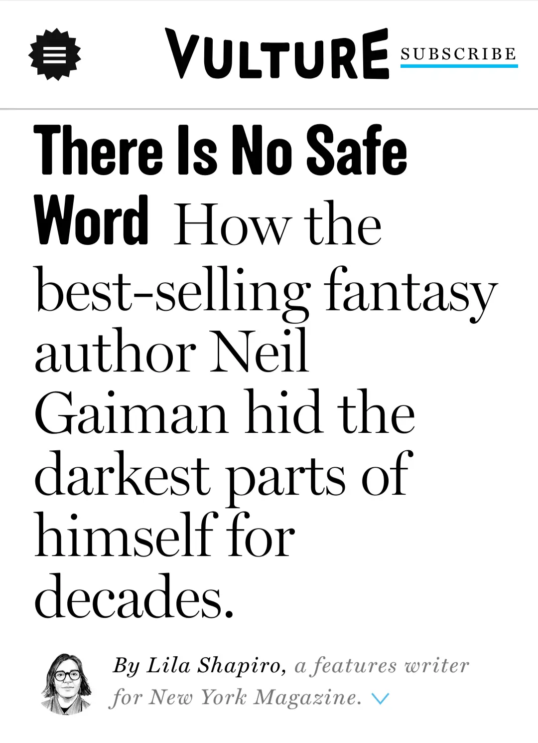 The image displays a Vulture magazine article headline that reads 'There Is No Safe Word How the best-selling fantasy author…