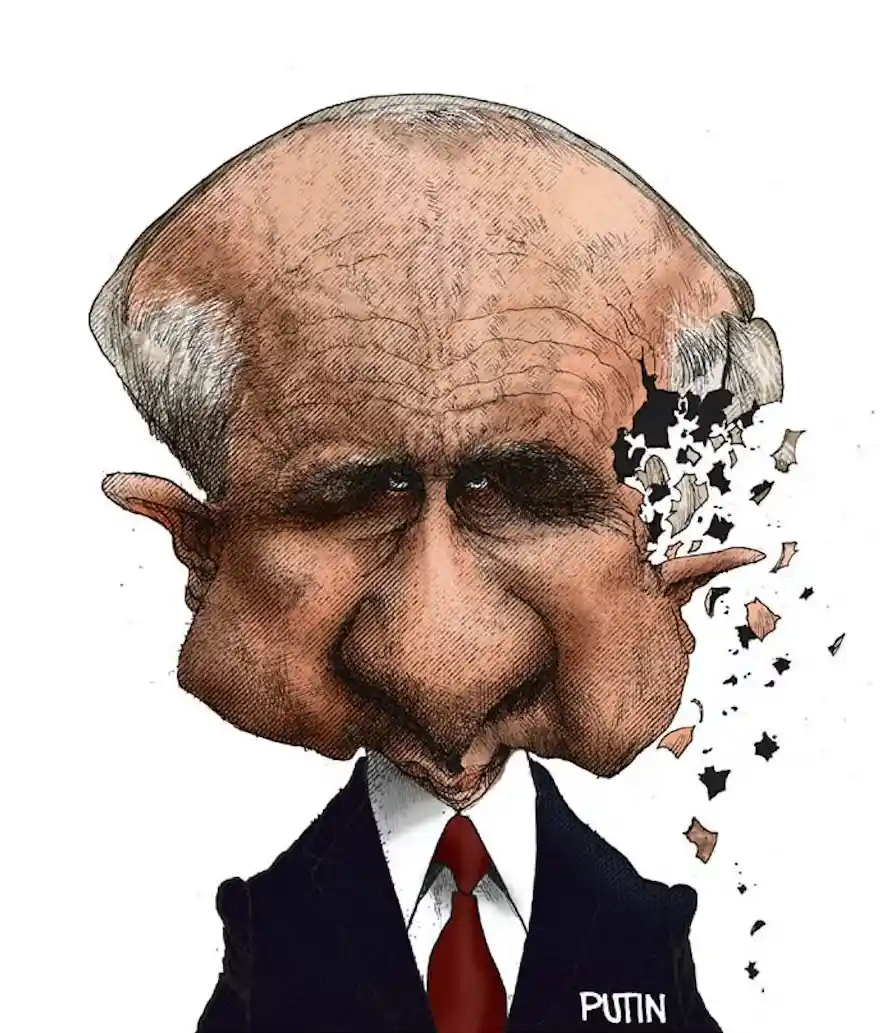 A cartoon caricature of Vladimir Putin with an exaggerated, balding head and a large nose, where the right side of his face…
