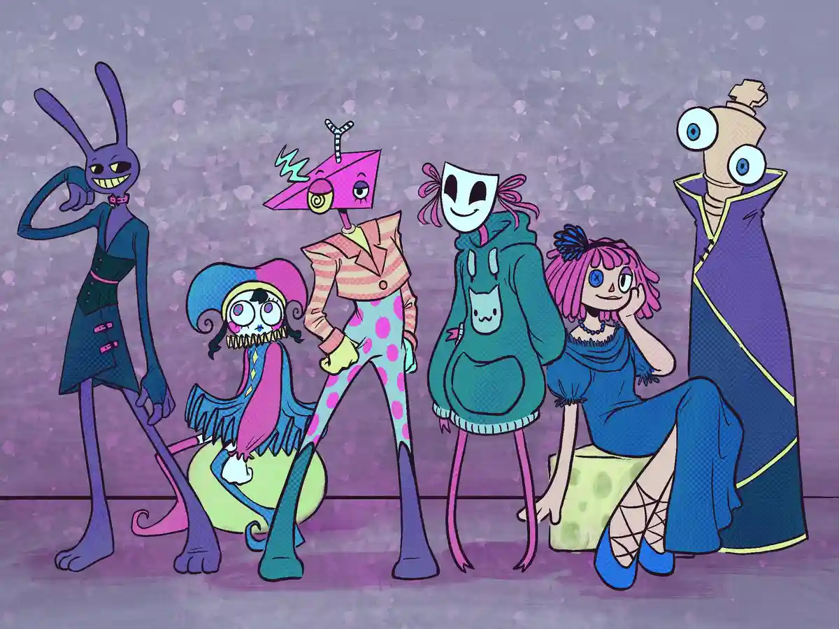 Six stylized, cartoonish characters with exaggerated features and colorful, mismatched outfits pose together against a…