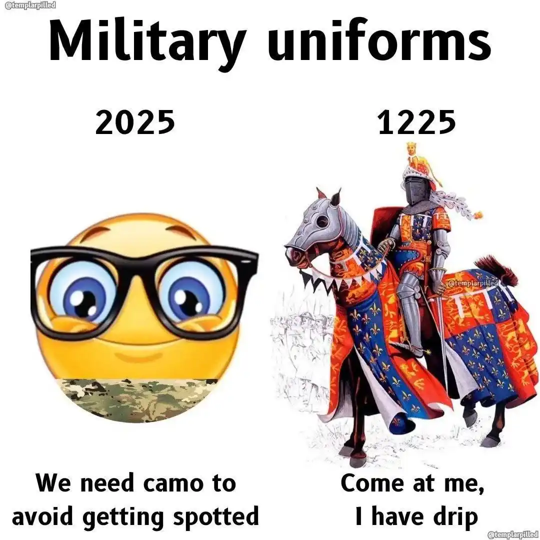 The image contrasts modern military camouflage with medieval knightly armor. On the left, a glasses-wearing emoji with a…