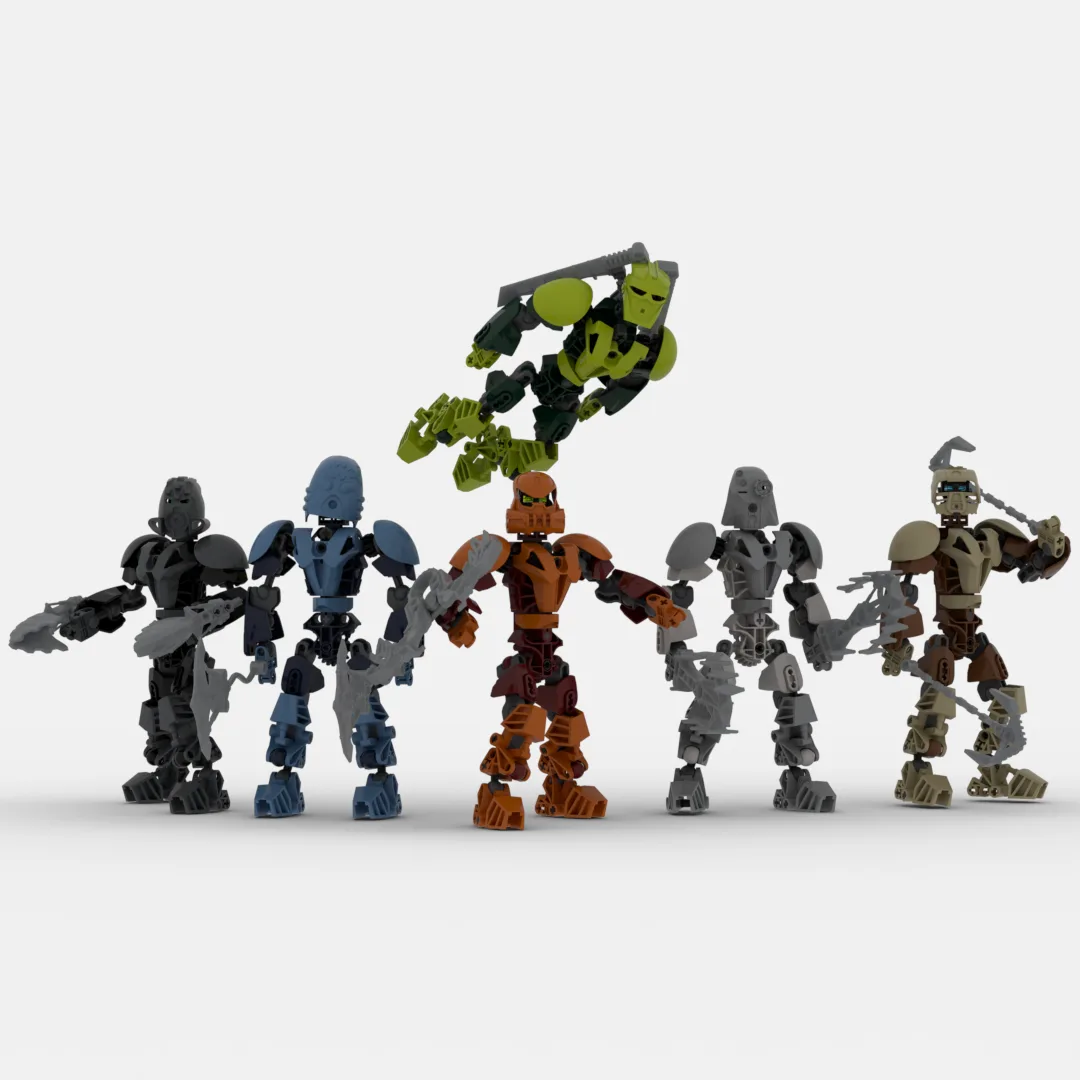 Six Bionicle-style action figures stand in a line against a plain white background, each holding a weapon. The central…