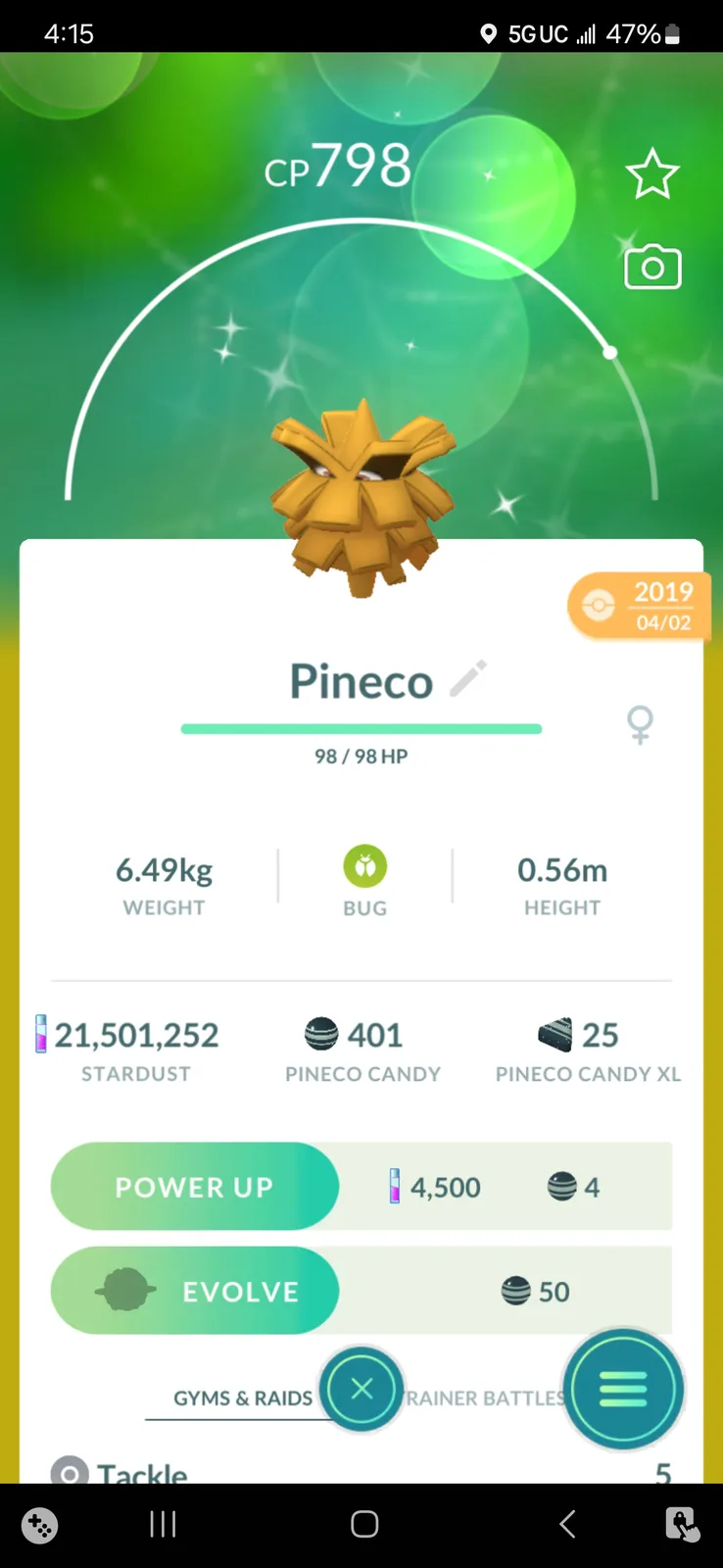 A screenshot from Pokémon GO shows a female Pineco with a CP of 798 and 98/98 HP, dated April 2, 2019. The Pokémon's stats…