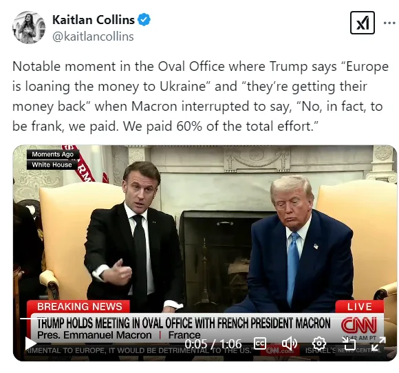 A screenshot of a CNN news broadcast shows French President Emmanuel Macron interrupting Donald Trump during a meeting in…