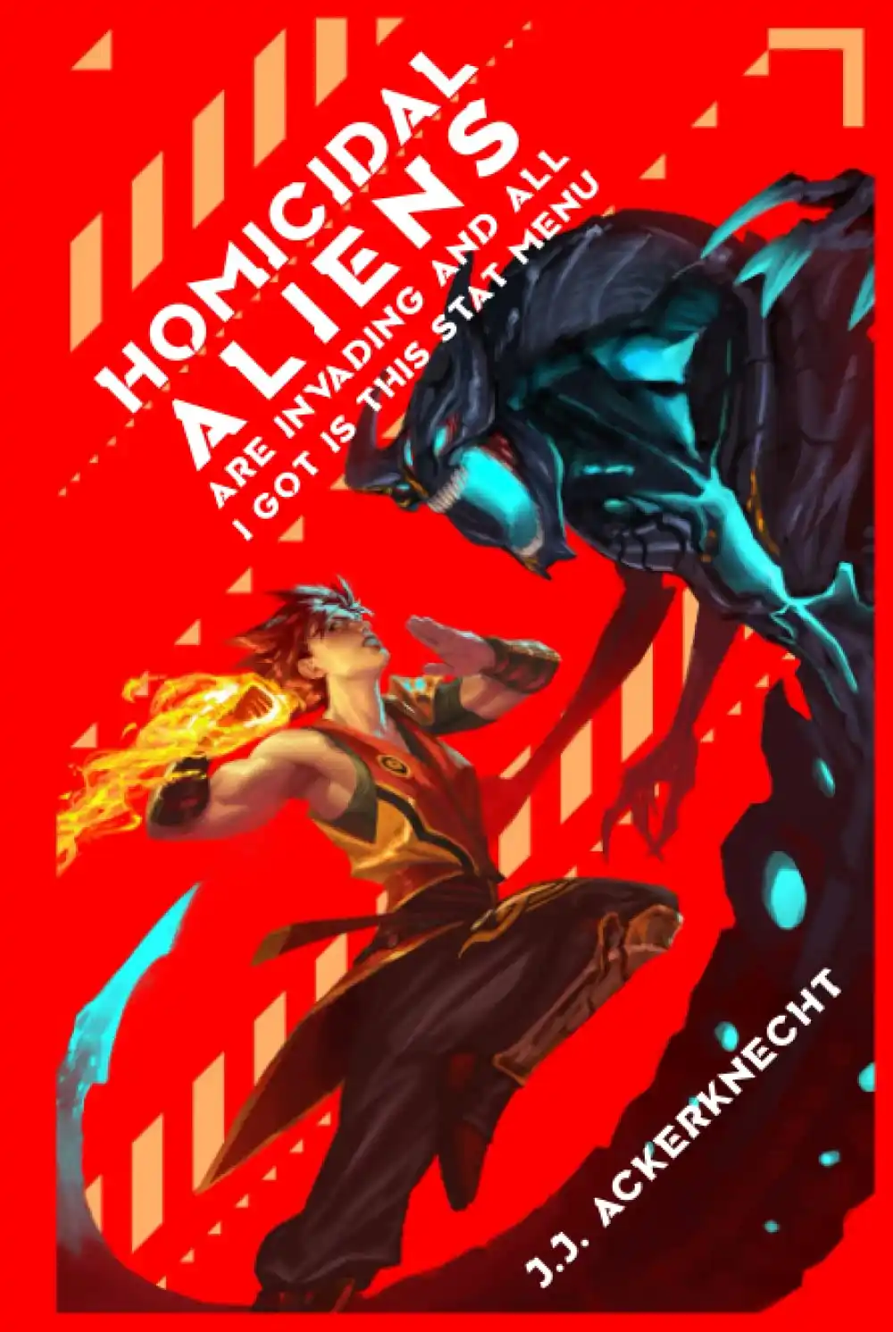 A red-background illustration shows a human warrior with fiery hair and glowing blue weapon facing a large, menacing alien…
