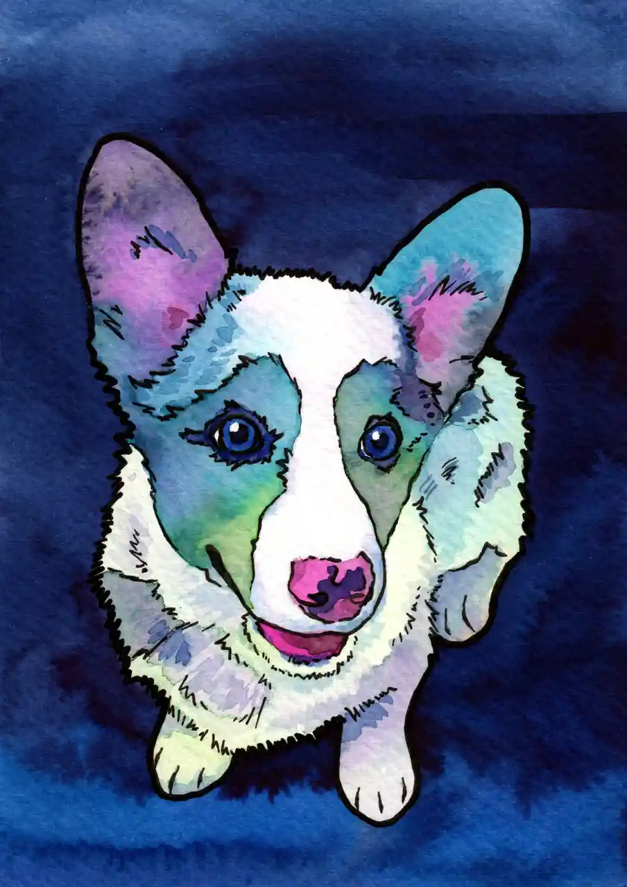 A watercolor-style illustration of a corgi puppy with a blue and purple gradient background. The dog has large, expressive…