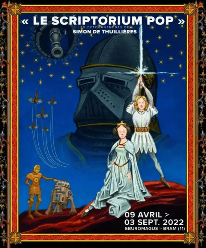 A vintage-style poster with a medieval ornate border features a giant Stormtrooper helmet against a starry sky, with a…