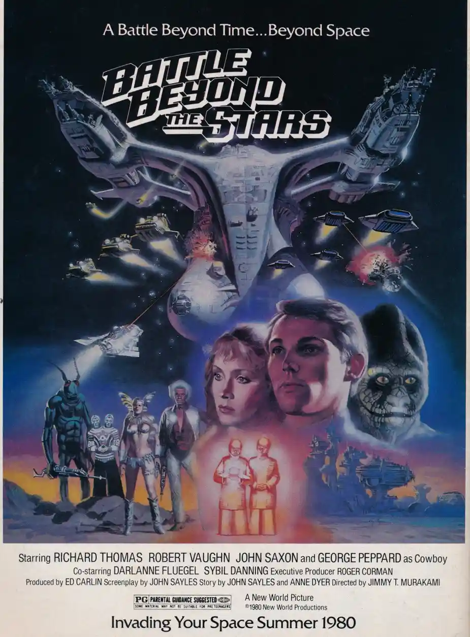 This is a vintage movie poster for the 1980 science fiction film 'Battle Beyond the Stars,' featuring a large spaceship and…