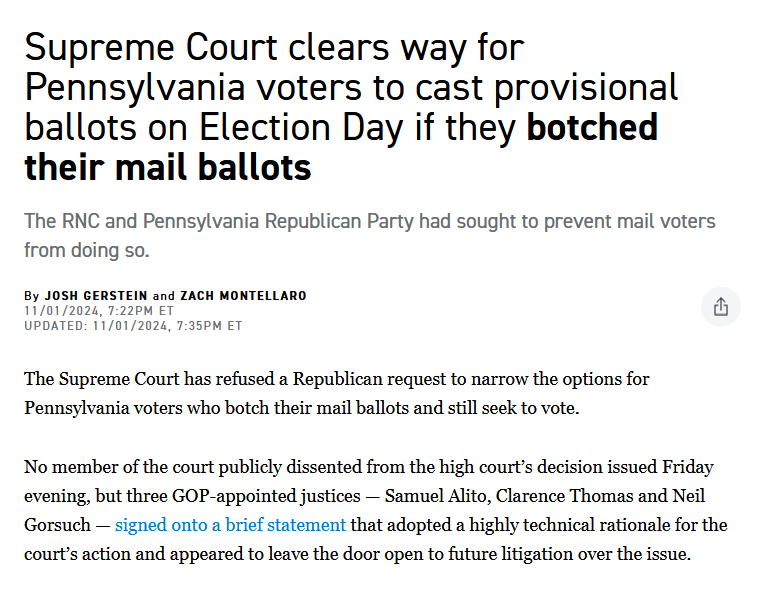 A screenshot of a news article headline reads 'Supreme Court clears way for Pennsylvania voters to cast provisional ballots…