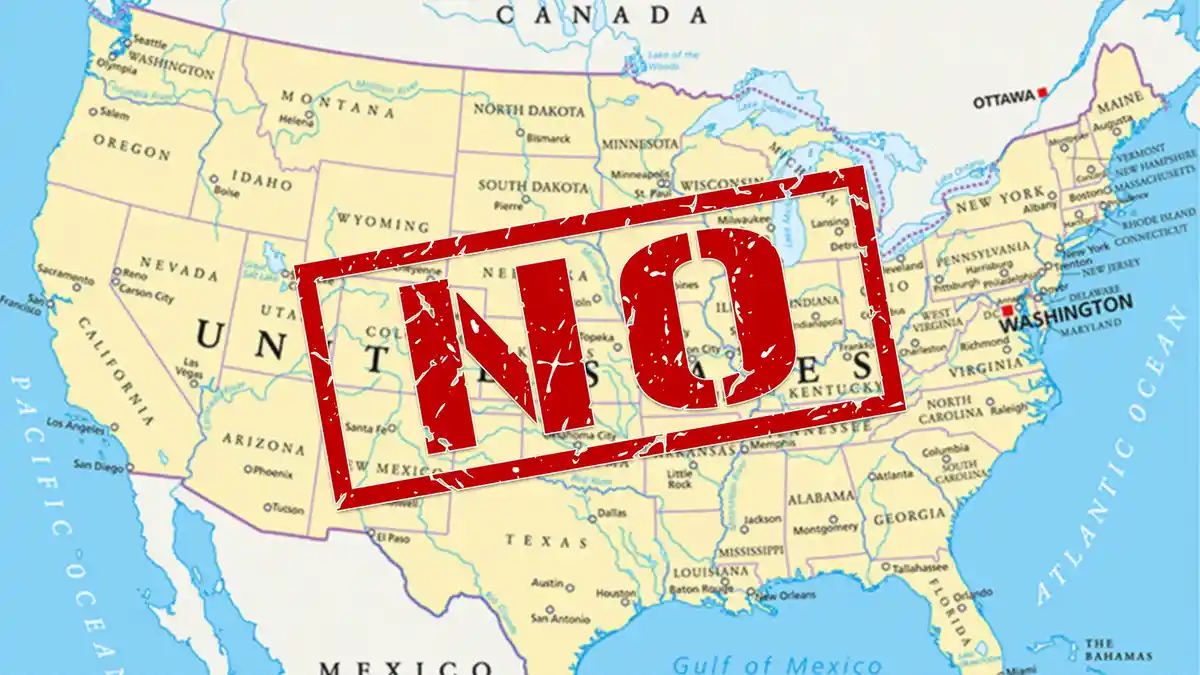 A map of the United States with a large, red, distressed stamp overlaying the country's name, displaying the word 'NO' in…