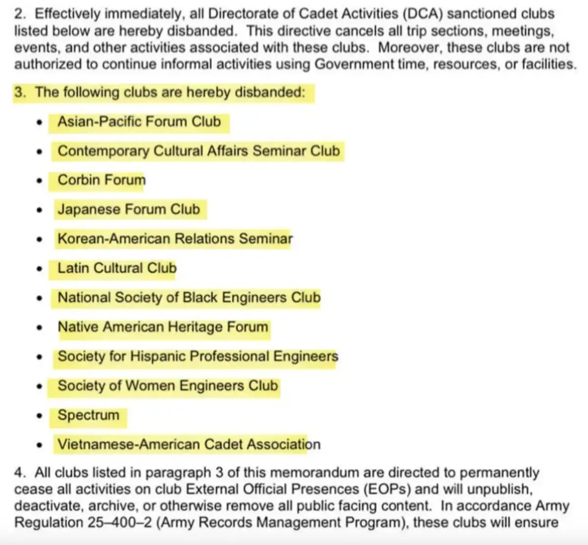 A government memorandum lists numerous cultural and professional student clubs, such as the Asian-Pacific Forum Club and…