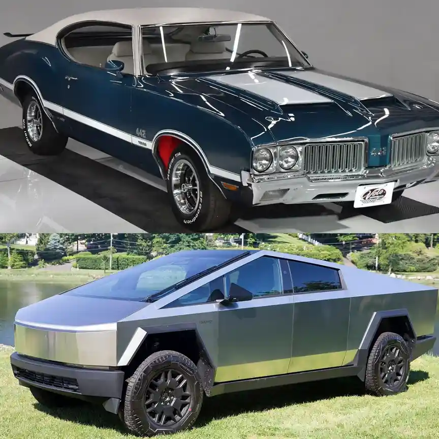 The image displays two cars: the top is a classic 1970s blue Oldsmobile 442 with white racing stripes and chrome details…
