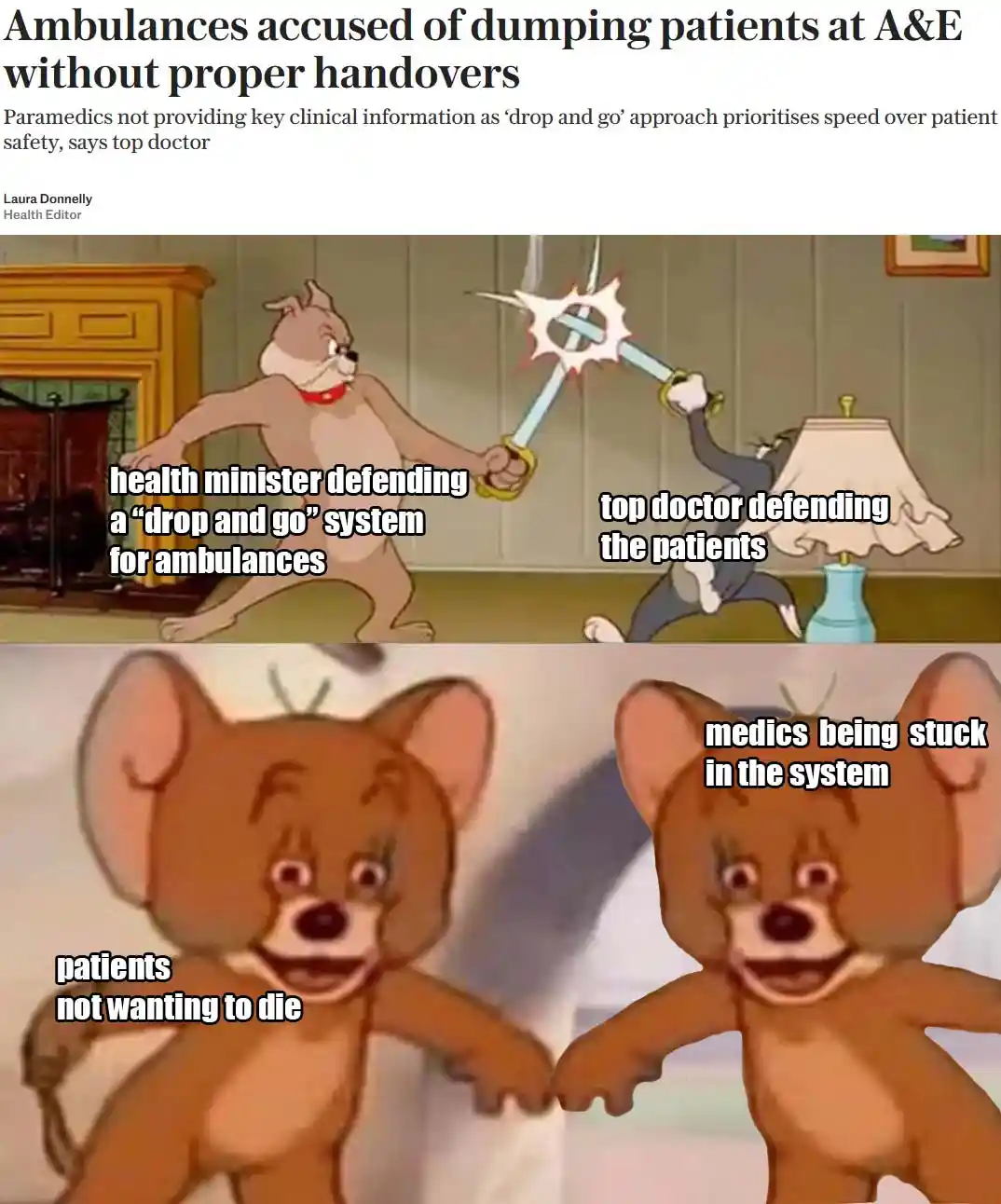 The image is a two-panel meme using Tom and Jerry characters. The top panel shows a muscular dog (Spike) and a cat (Tom)…