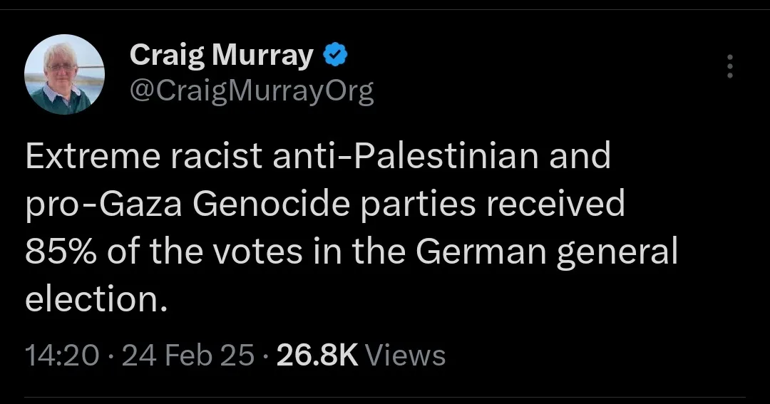A screenshot of a tweet from verified user Craig Murray (@CraigMurrayOrg) displaying a bold, white text claim that extreme…