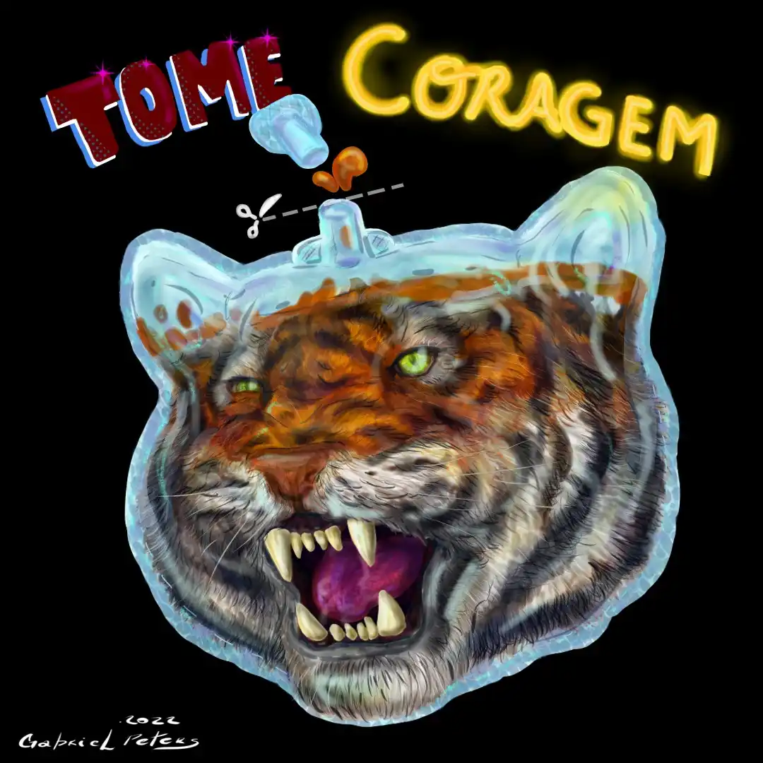 A digitally illustrated tiger's head is encased in a clear, plastic-like container resembling a juice or vitamin bottle cap…