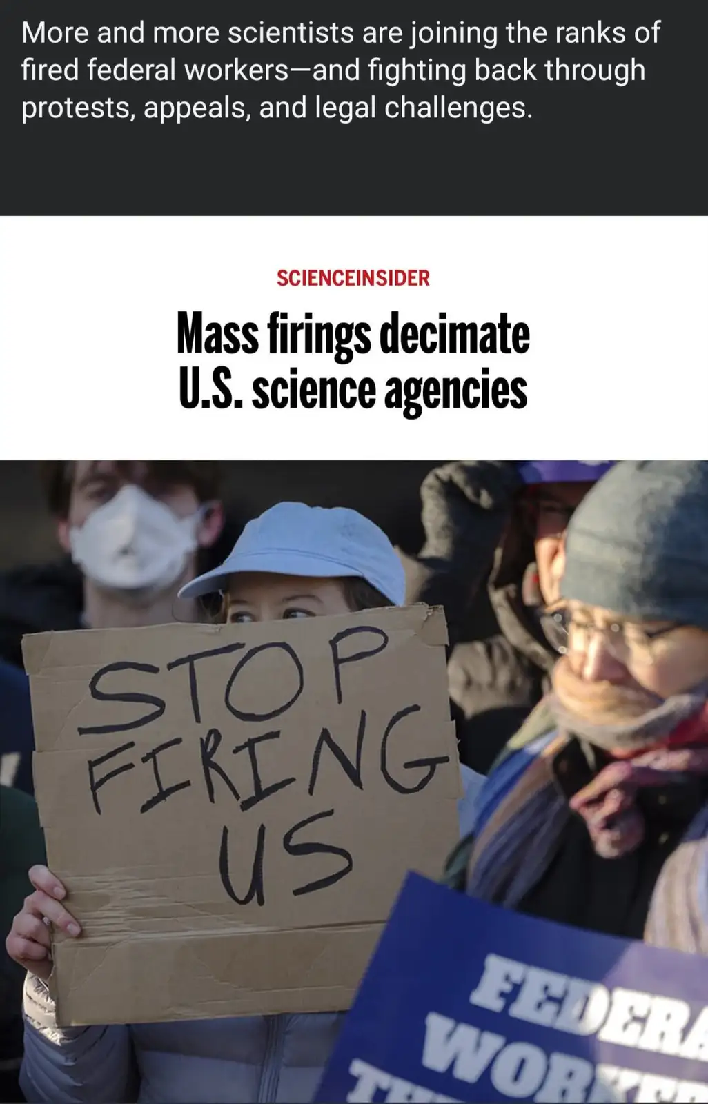 The image shows a protest with people holding signs, one prominently reading 'STOP FIRING US'. Above the photo is a headline…