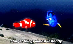 Six sequential frames from the movie 'Finding Nemo' show the clownfish Nemo and the blue tang Dory swimming together…