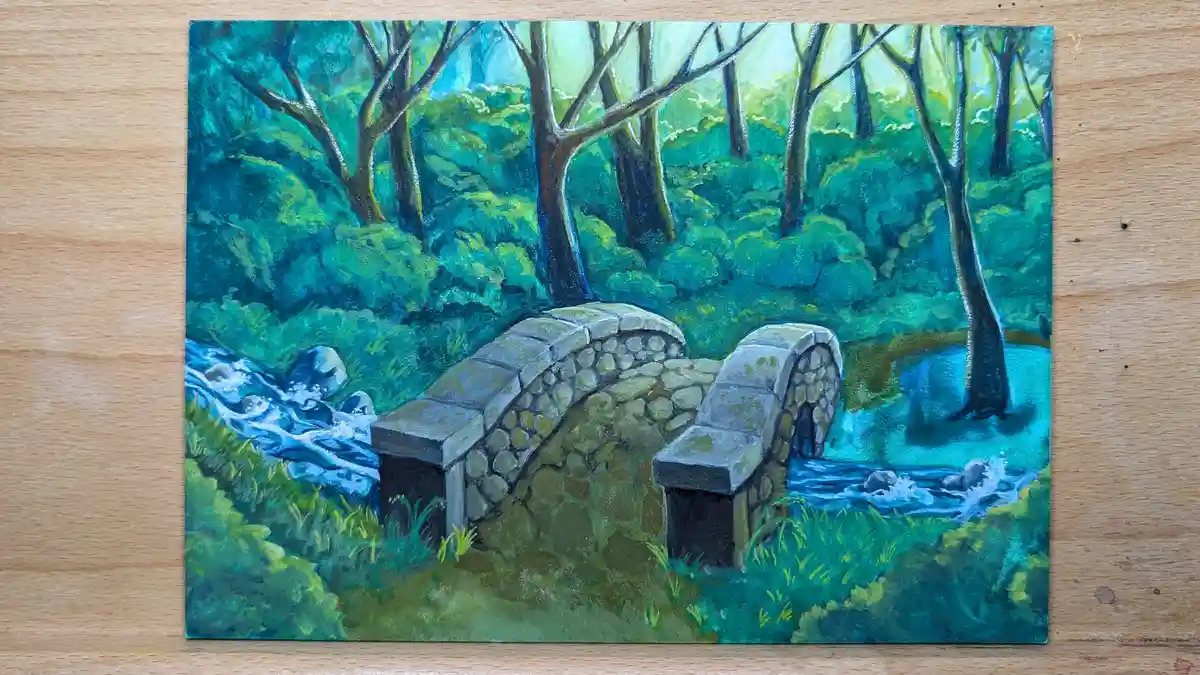 A painting depicts a stone bridge spanning a rushing stream in a lush green forest, with trees and foliage rendered in…