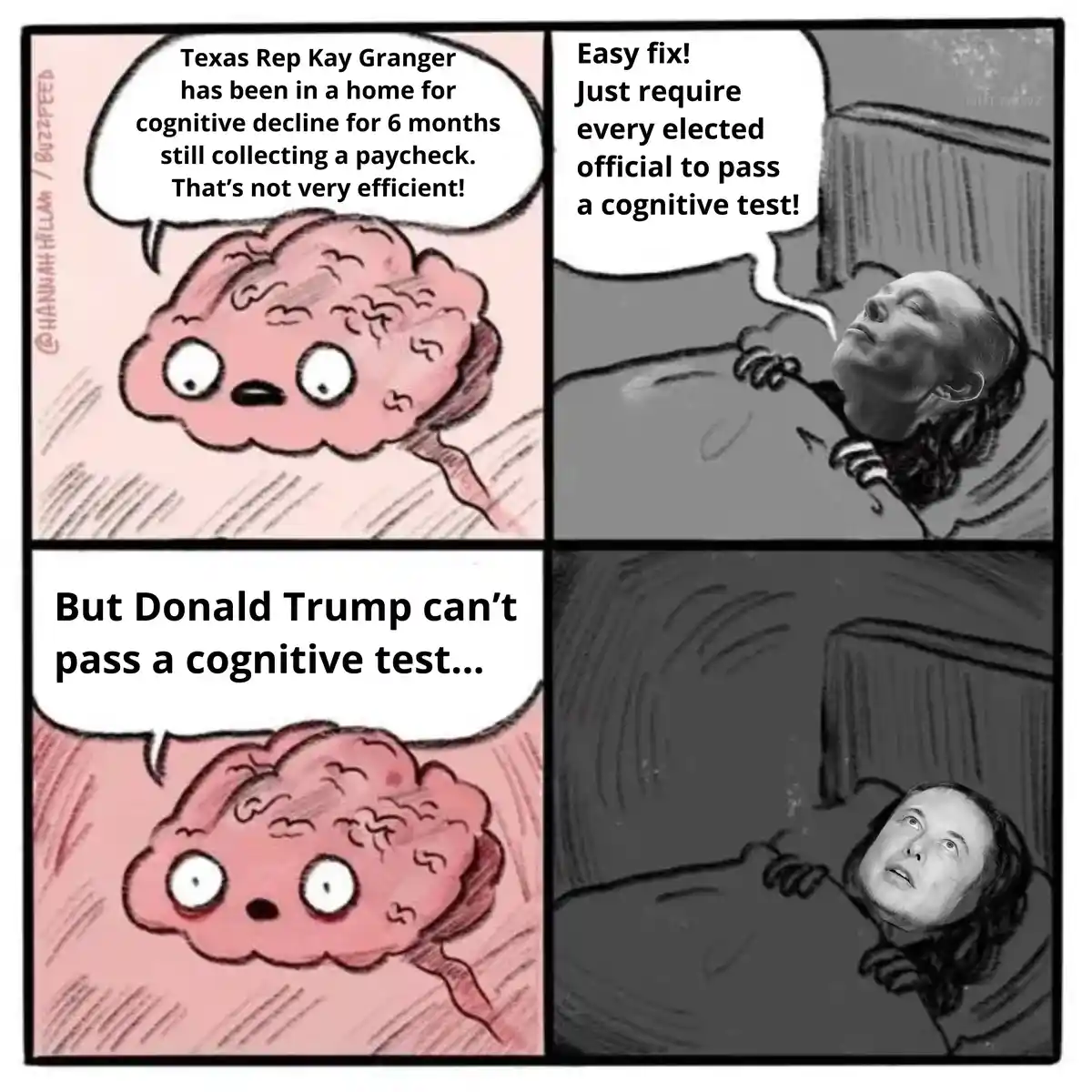 A four-panel comic strip featuring a cartoon brain character and photoshopped images of politicians. The brain expresses…
