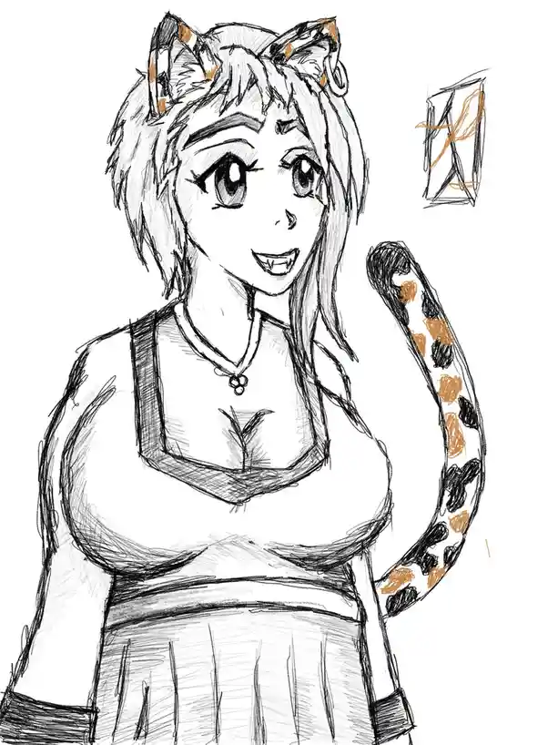 A sketch of an anime-style girl with cat ears and a spotted tail, smiling while wearing a top and necklace. In the upper…