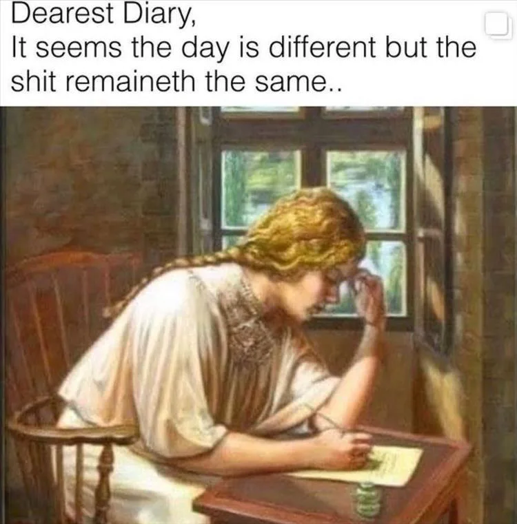 A classical painting depicts a woman with braided blonde hair, wearing a white dress, sitting at a wooden desk and writing…