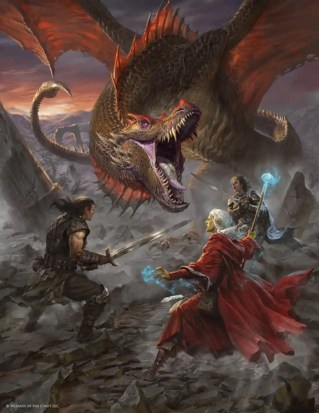 A dramatic fantasy illustration shows three adventurers—two warriors and a wizard in a red robe—facing a massive, roaring…