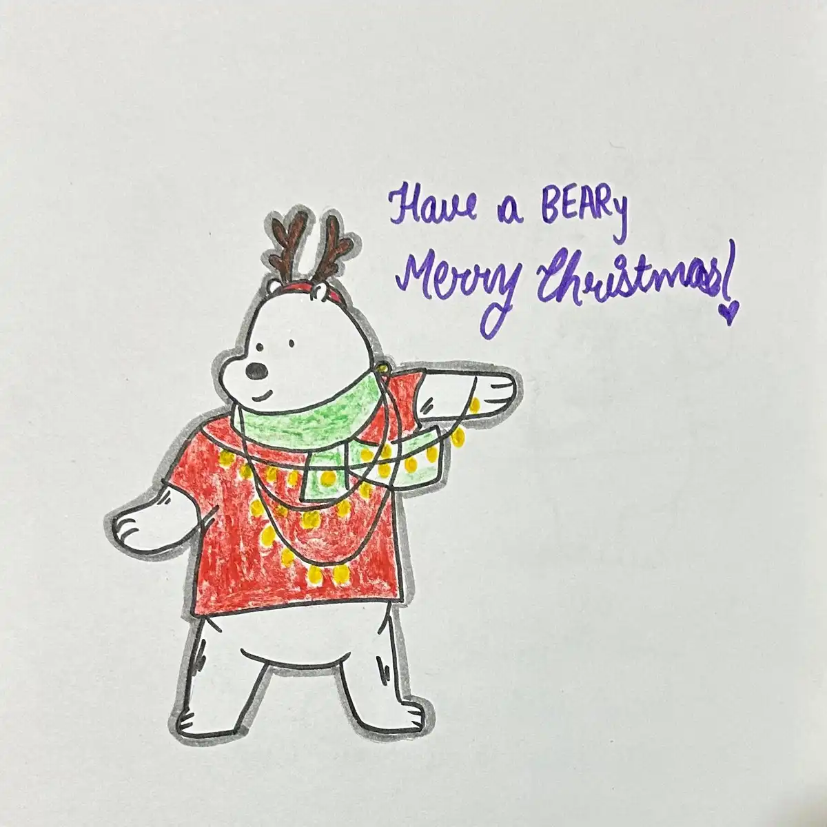 A hand-drawn cartoon bear wearing reindeer antlers, a red sweater with yellow lights, and a green scarf, striking a dabbing…