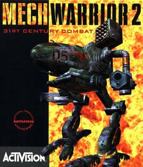 The image is the cover art for the video game 'MechWarrior 2: 31st Century Combat', showing a large, green, armored battle…