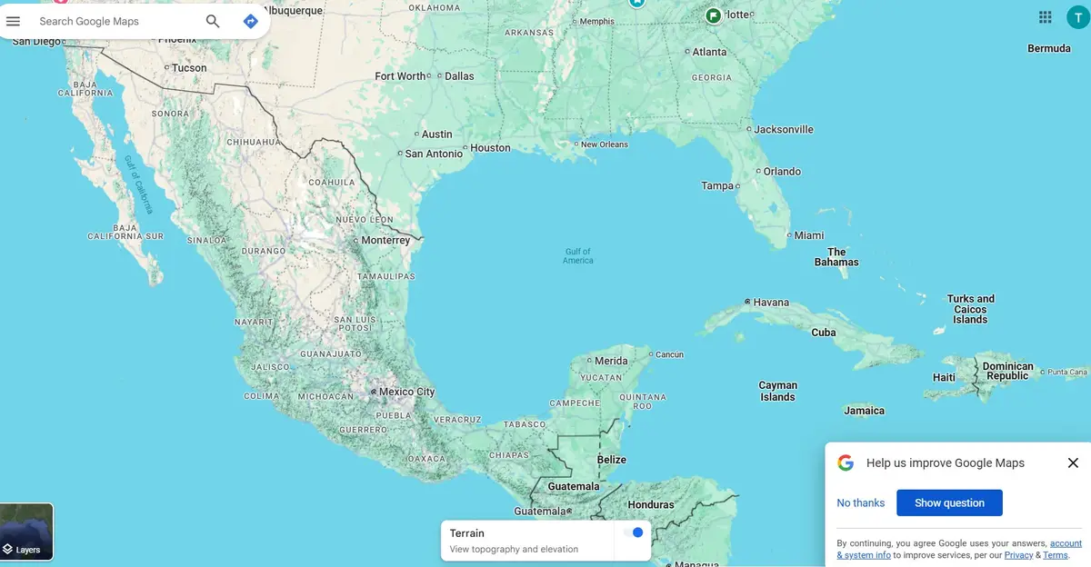 A screenshot of Google Maps showing the Gulf of Mexico, parts of the United States, Mexico, and the Caribbean islands. A…