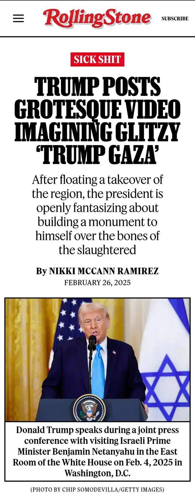 The image displays a mock Rolling Stone magazine article header with a red 'SICK SHIT' banner, followed by the headline…