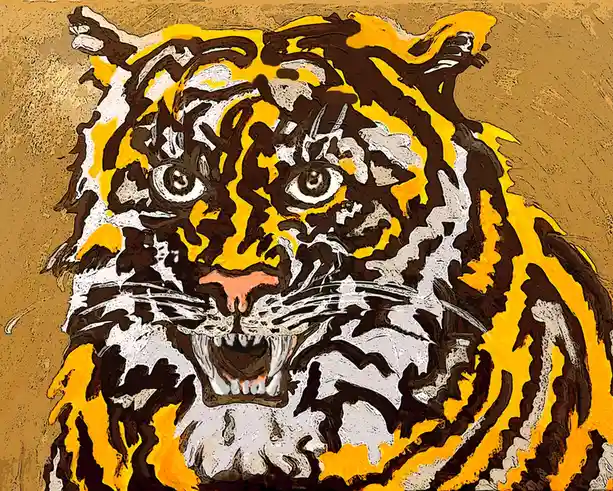 A stylized, painterly illustration of a tiger's face with an angry, snarling expression, baring its teeth against a textured…