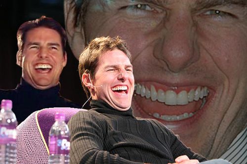 The image shows actor Tom Cruise laughing heartily while seated, with a large, distorted close-up of his own face laughing…