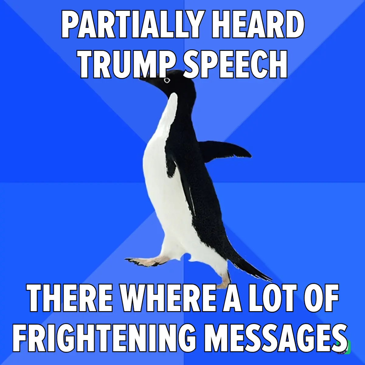 A black-and-white penguin stands against a blue background with diagonal light rays. The text at the top reads 'PARTIALLY…
