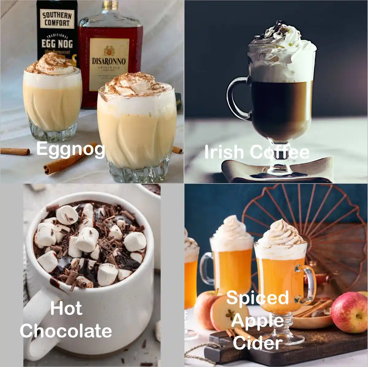 A four-panel image displays four different warm, festive drinks: Eggnog with bottles of Southern Comfort and Disaronno in…