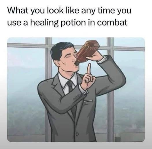 A cartoon man in a gray suit and tie stands by a window, drinking from a brown bottle while holding up his index finger. The…