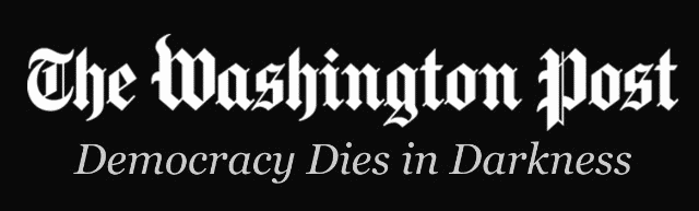 A black background displays the iconic white serif logo of 'The Washington Post' with the tagline 'Democracy Dies in…