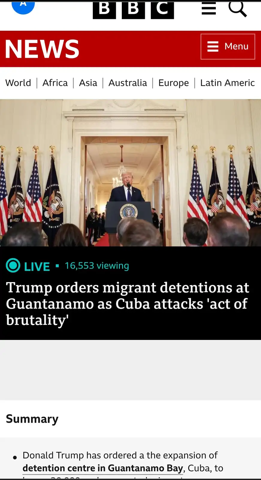 A screenshot of a BBC News article shows Donald Trump speaking at a podium in a formal room flanked by American flags. The…