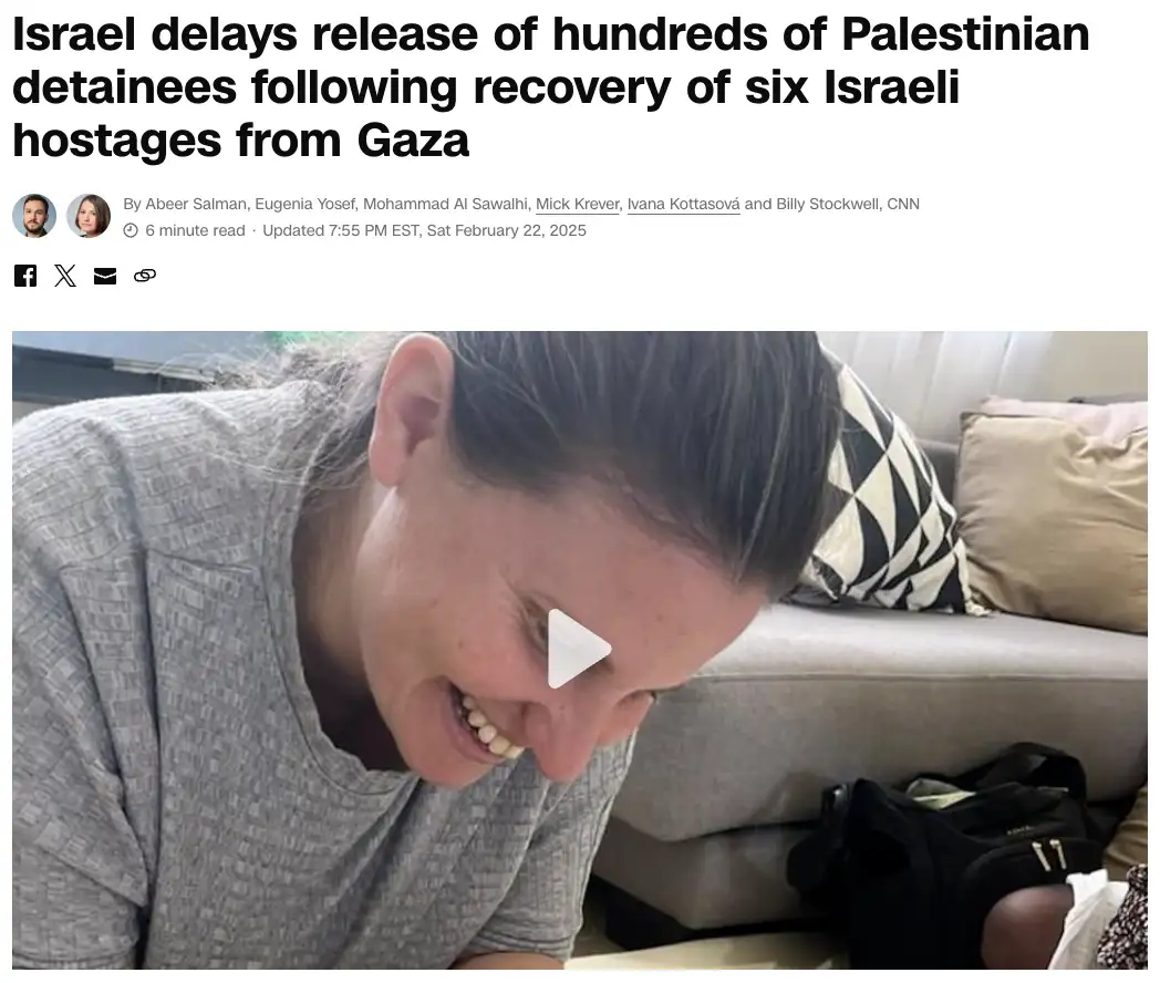 A screenshot of a CNN news article header with the headline 'Israel delays release of hundreds of Palestinian detainees…