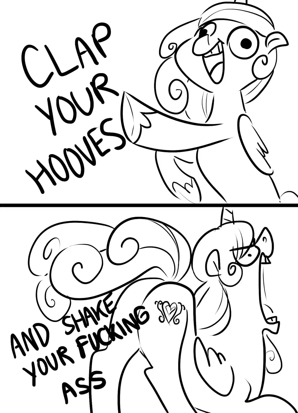 A two-panel black-and-white cartoon shows a cheerful, anthropomorphic pony in the top panel with text 'CLAP YOUR HOOVES'…