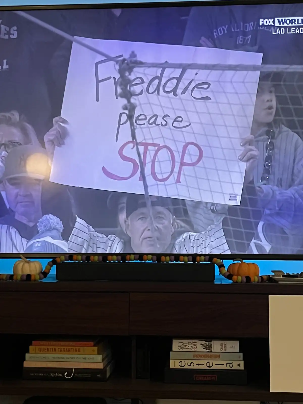 A television screen shows a sports broadcast with fans in the stands holding a handmade sign that reads 'Freddie please…