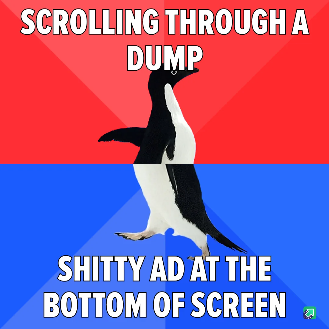 A penguin stands centered against a red and blue background, with bold white text at the top reading 'SCROLLING THROUGH A…