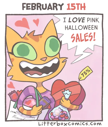 A cartoon orange cat with green eyes and a wide grin holds bags of pink candy and a heart-shaped box, surrounded by floating…
