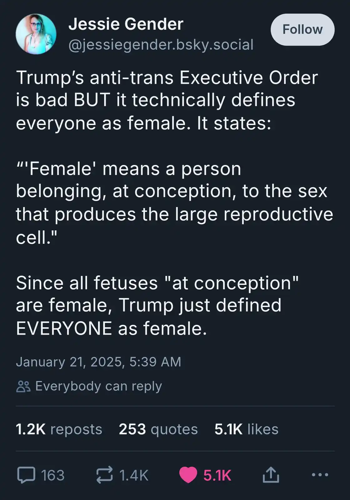 A screenshot of a social media post by Jessie Gender on a dark-themed platform, featuring white text that critiques Trump's…