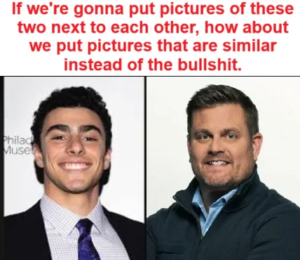 The image displays two men side-by-side, each in a separate portrait. The man on the left is a young man with dark curly…