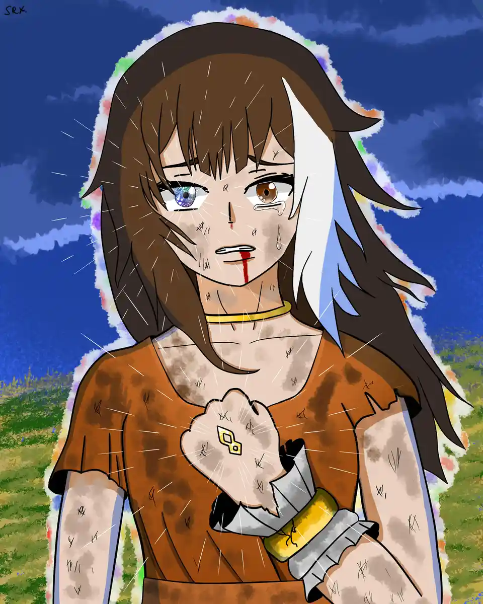 An anime-style character with brown and white hair, one blue and one brown eye, is visibly distressed with tears, blood on…