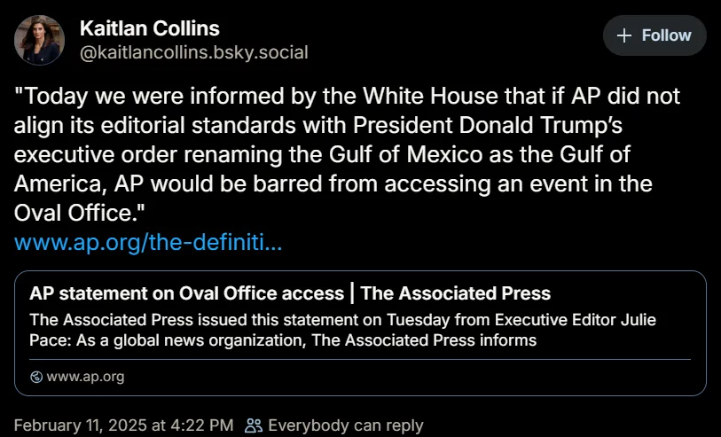 A screenshot of a social media post by Kaitlan Collins showing a quote attributed to the Associated Press about being barred…